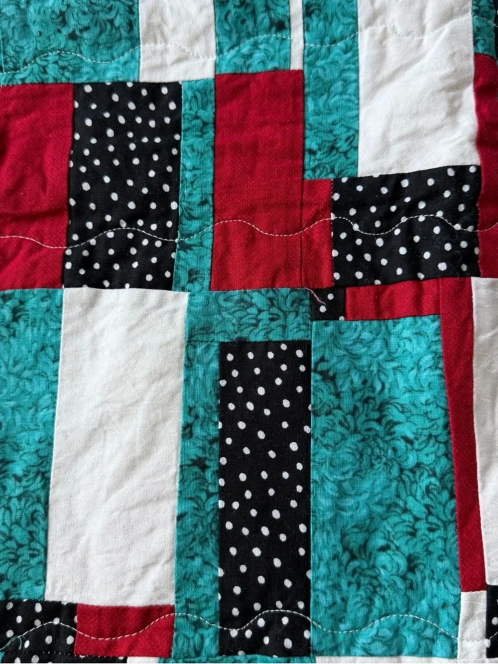 Handmade Geometric Patchwork Quilt - Red, Teal, White, Black Polka Dot 38”x38”